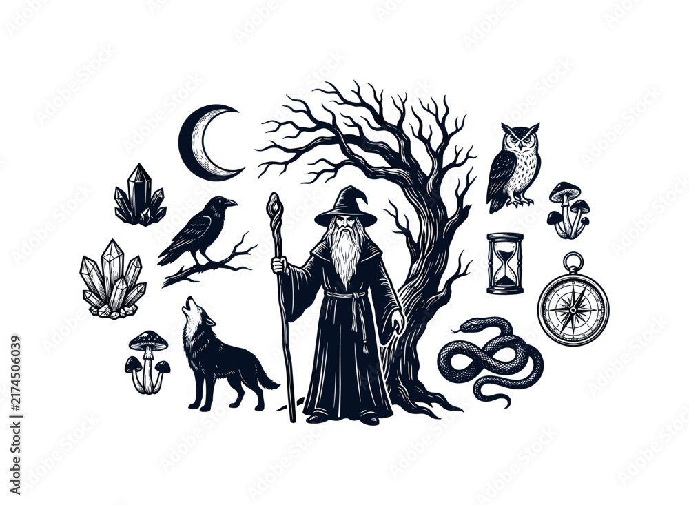 Naklejka premium Mystical wizard surrounded by symbols of nature and magic