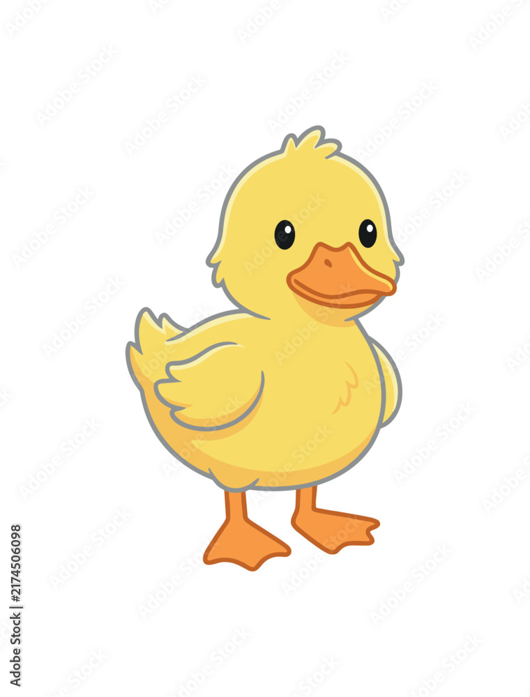 Fototapeta premium Cute cartoon yellow duckling standing on white background, adorable baby bird