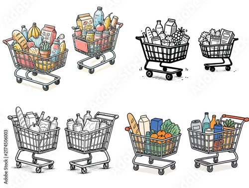 Colorful and grayscale shopping carts filled with groceries. Black Friday 