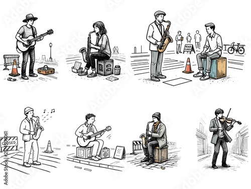 Street musicians performing on a car-free   in various poses in urban settings.  