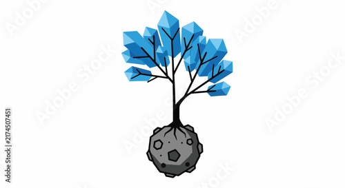 Futuristic crystal tree vector illustration growing on a small asteroid, featuring blue gem foliage and dark roots on white background.