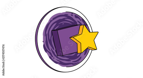 Colorful hand drawn illustration of a yellow shooting star emerging from a purple cosmic portal badge icon isolated on a white background.