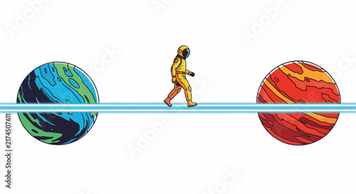 Vector illustration of astronaut walking on tightrope between two planets in outer space, representing interplanetary travel concept