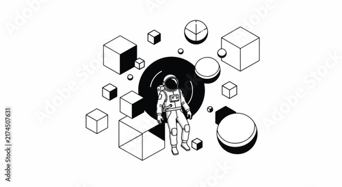Abstract black and white vector illustration of an astronaut floating among geometric cubes and spheres in space with a dark portal background.