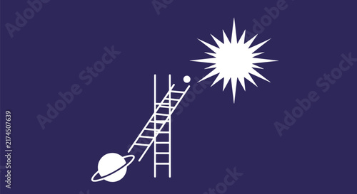 Minimalist conceptual vector illustration of ladders reaching from Saturn to a bright glowing star symbolising ambition and career growth.