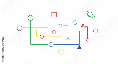 Abstract minimalist geometric line diagram background vector illustration featuring colorful nodes, connection paths, and network scheme.