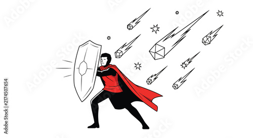 Superhero holding shield protecting against falling meteors and asteroids vector illustration for security risk management concept