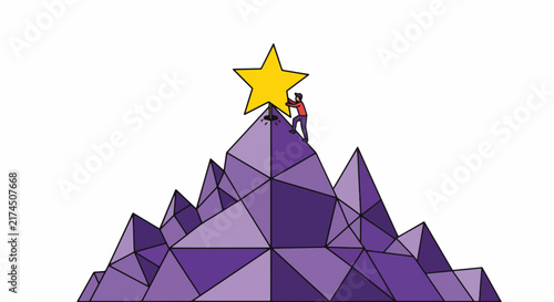 Businessman Climbing Geometric Low Poly Mountain Peak to Place Golden Star Concept Vector Illustration of Success and Achievement Goals