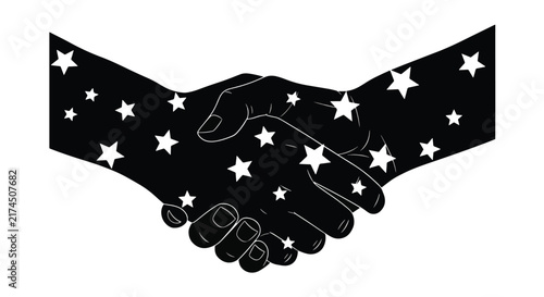 Black silhouette vector illustration of a handshake patterned with white stars, symbolizing magical partnership, agreement, and unity.