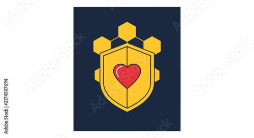 Yellow shield with red heart and honeycomb icon representing healthcare protection, immune system support, and medical insurance concepts.