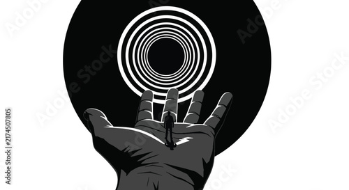Black and white surreal illustration of a giant open hand holding an optical illusion concentric circle portal with a tiny figure standing inside.