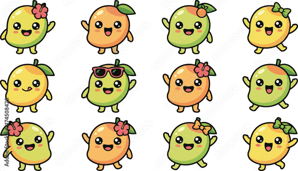 Naklejka premium Cute cartoon mango character set with various accessories and expressions
