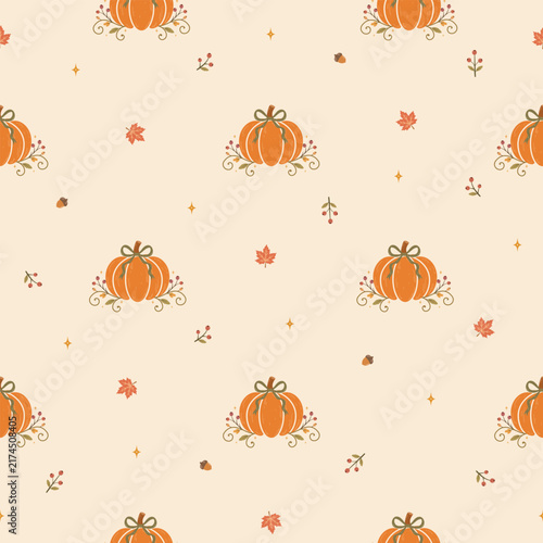 Whimsical seamless pattern featuring hand-drawn pumpkins, maple leaves, acorns, tiny botanical sprigs, and delicate star accents scattered across a warm cream background. Perfect for autumn fabric, qu