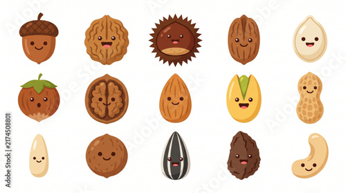 Cute cartoon nuts and seeds set with kawaii smiling faces vector illustration