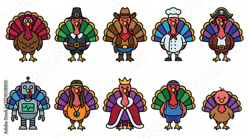 Set of cute cartoon Thanksgiving turkeys in various costumes including pilgrim cowboy chef pirate robot hippie king athlete and chick