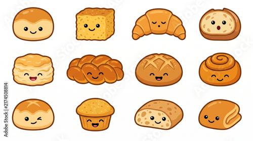Cute kawaii bread and bakery vector collection with smiling faces and funny expressions