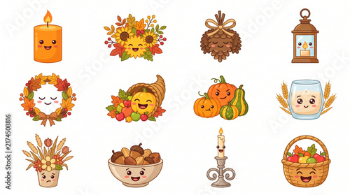 Set of cute autumn icons with funny cartoon characters like pumpkins candles flowers and leaves