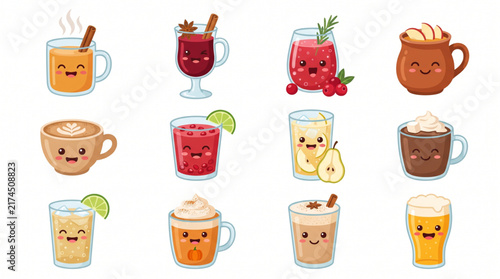 Cute kawaii hot and cold drinks set with smiling faces vector illustration