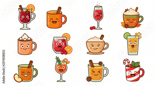 Cute cartoon winter hot drinks collection with cheerful kawaii faces and seasonal ingredients