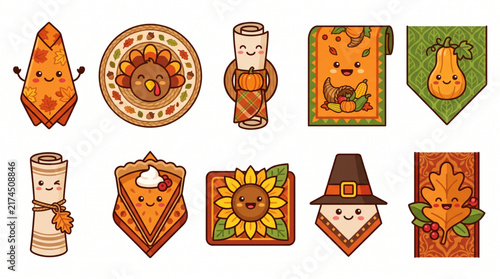 Cute kawaii thanksgiving tableware and autumn decoration icons set with cartoon turkey plate pumpkin pie and smiling napkins