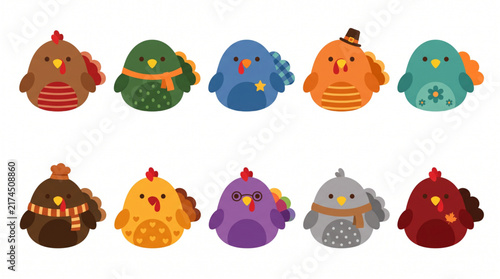 Set of ten cute colorful cartoon Thanksgiving turkey characters in flat vector style