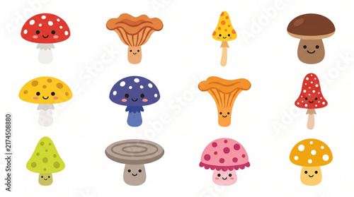 Cute kawaii mushrooms set with happy smiling faces in various colors and shapes isolated on white background