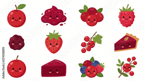 Cute cartoon red fruits set with smiling faces including strawberries raspberries jam and pie slice vector illustration
