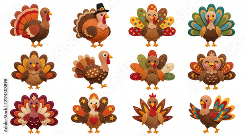 Set of cute handmade felt turkey icons isolated on white background for Thanksgiving holiday design