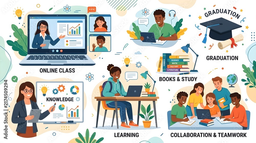 Fototapeta premium Online Education Vector Set - Digital E-Learning, Graduation, Collaboration & Distance Study Concept Elements