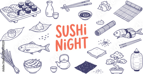 Hand Drawn Sushi Night Japanese Food Doodle Illustration Set