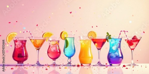A vibrant array of colorful cocktails garnished with citrus and berries, served in elegant glassware, against a pastel background, decorated with celebratory confetti.