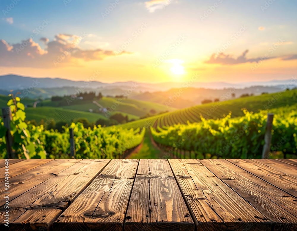 Obraz premium Rustic wooden table surface in the foreground with a vast vineyard landscape at sunset in the background. Perfect for displaying wine bottles and food products.