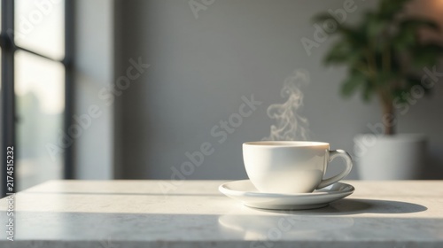 A steaming cup of hot beverage rests on a pristine saucer, sunlight illuminating a tranquil indoor scene