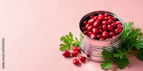 A tin of vibrant red berries nestled amongst fresh green herbs on a soft pink surface
