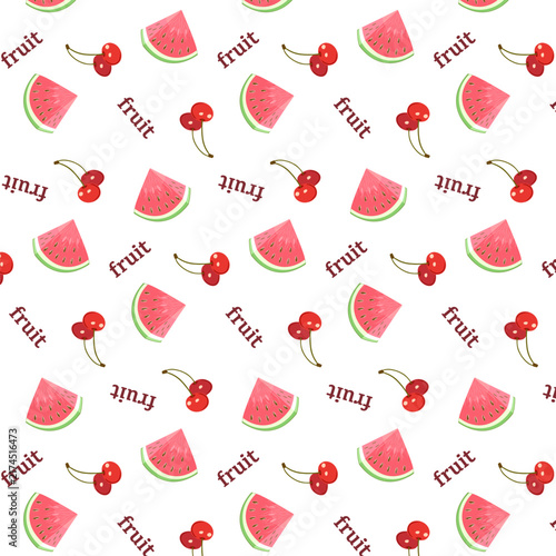 Cherries and watermelon slices on a white background.Vector seamless pattern with red cherries and watermelon slices on a white background with text.