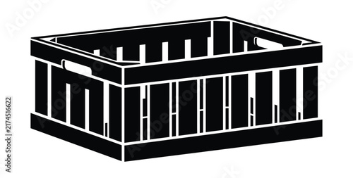Isometric Black Wooden Crate Silhouette Vector Icon. Empty Fruit Box Symbol.