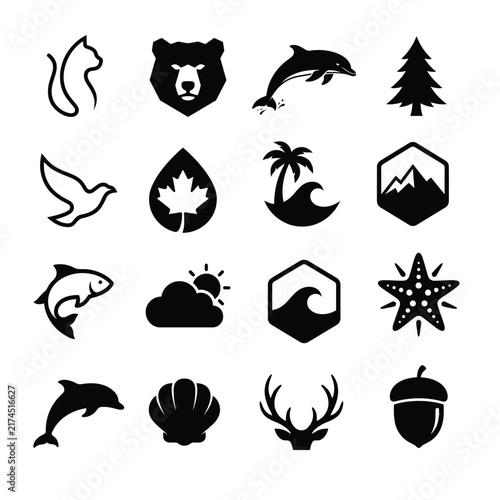 Minimalist Nature and Animal Black Silhouette Icon Set. Wildlife, Ocean and Forest Vector Symbols.
