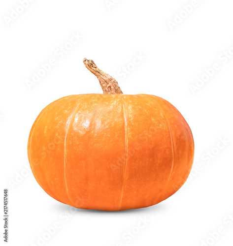 Big ripe orange pumpkin isolated on white background. Studio shot with soft shadows and detailed texture. Classic symbol of autumn, Halloween and Thanksgiving. Ideal for seasonal design, farm products