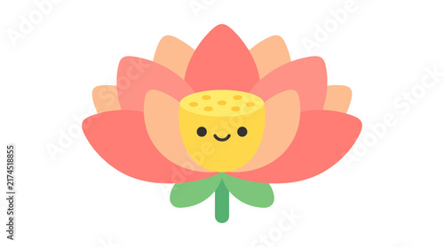 Cute Kawaii Lotus Flower Character, Isolated