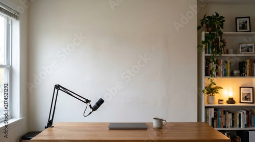 Professional home podcast studio setup with adjustable boom arm microphone and laptop on wooden desk against a cle — an ideal green screen background for podcast recording and YouTube video production