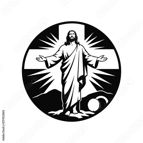 Empty tomb of Jesus Christ with shroud at sunrise resurrection Easter concept. black and white handdrawn vector graphics