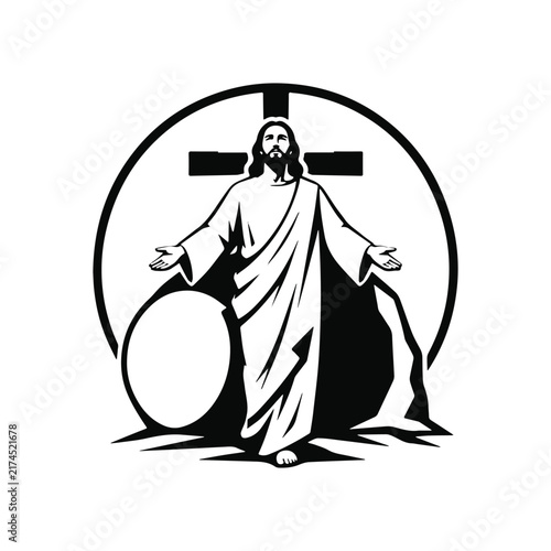 simple illustration of Empty tomb of Jesus Christ with shroud at sunrise resurrection Easter concept. black and white handdrawn vector graphics