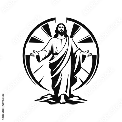 Jesus Christ with shroud at sunrise resurrection Easter concept.