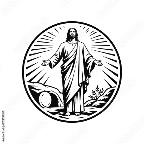 black and white handdrawn vector graphics illustration of Empty tomb of Jesus Christ with shroud at sunrise resurrection Easter concept