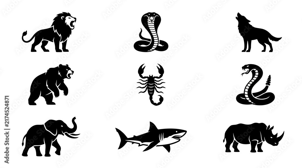 Obraz premium Black silhouettes of wild animals icons.