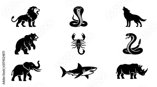 Black silhouettes of wild animals icons.