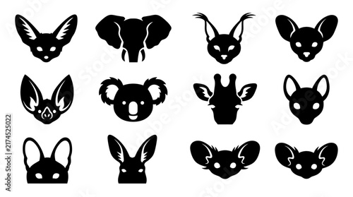 Black silhouettes of various animal faces.