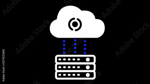Animated white icon of a cloud syncing data to local server racks.