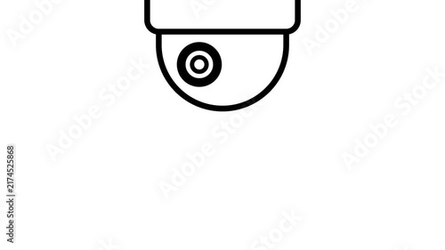 Animated black outline icon of a dome CCTV security camera monitoring.