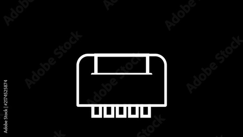 Animated white outline icon of a paper shredding machine destroying a document.